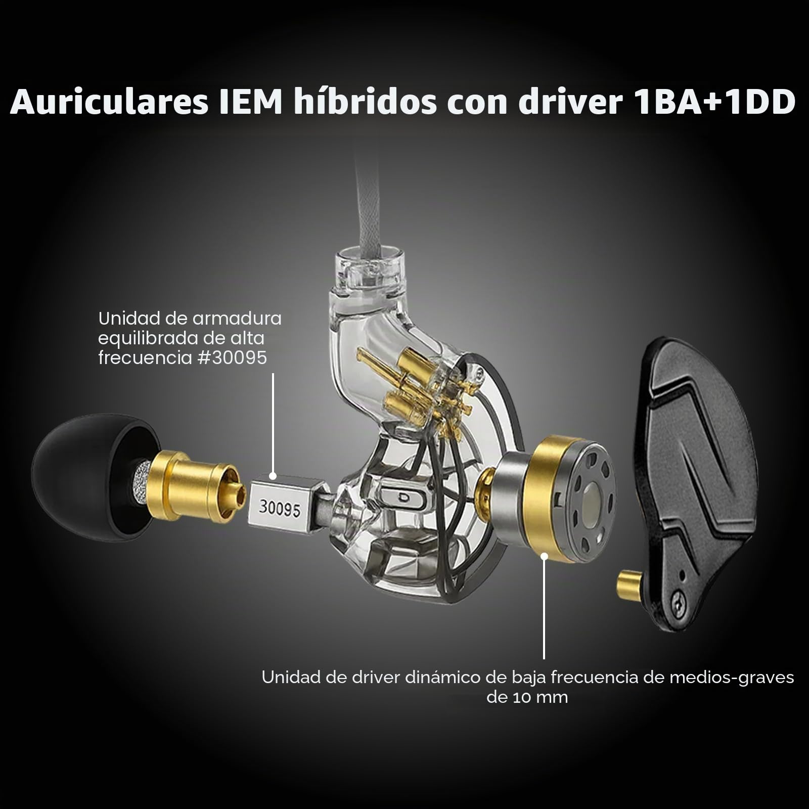 Auriculares Linsoul KZ ZSN PRO X Dual Driver 1BA+1DD Híbrido de metal, HiFi, monitor en la oreja con cable desmontable de 2 pines (con micro, dorado)