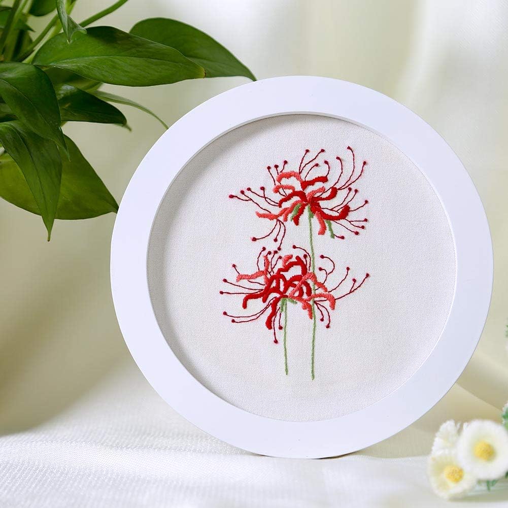 Akacraft DIY Embroidery Starter Kit, Cotton Cloth with Stamped Pattern, 6 inch Plastic Hoop, Color Cross Stitch Threads Needle Point Project, Chinese Traditional Flowers Series-Equinox Flower