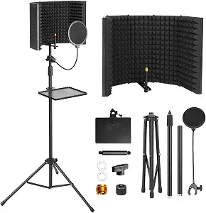 Microphone Isolation Shield with Foam Protection, Pop Filter, and Tripod Stand