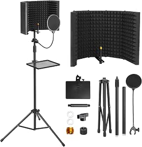 Microphone Isolation Shield with Foam Protection, Pop Filter, and Tripod Stand