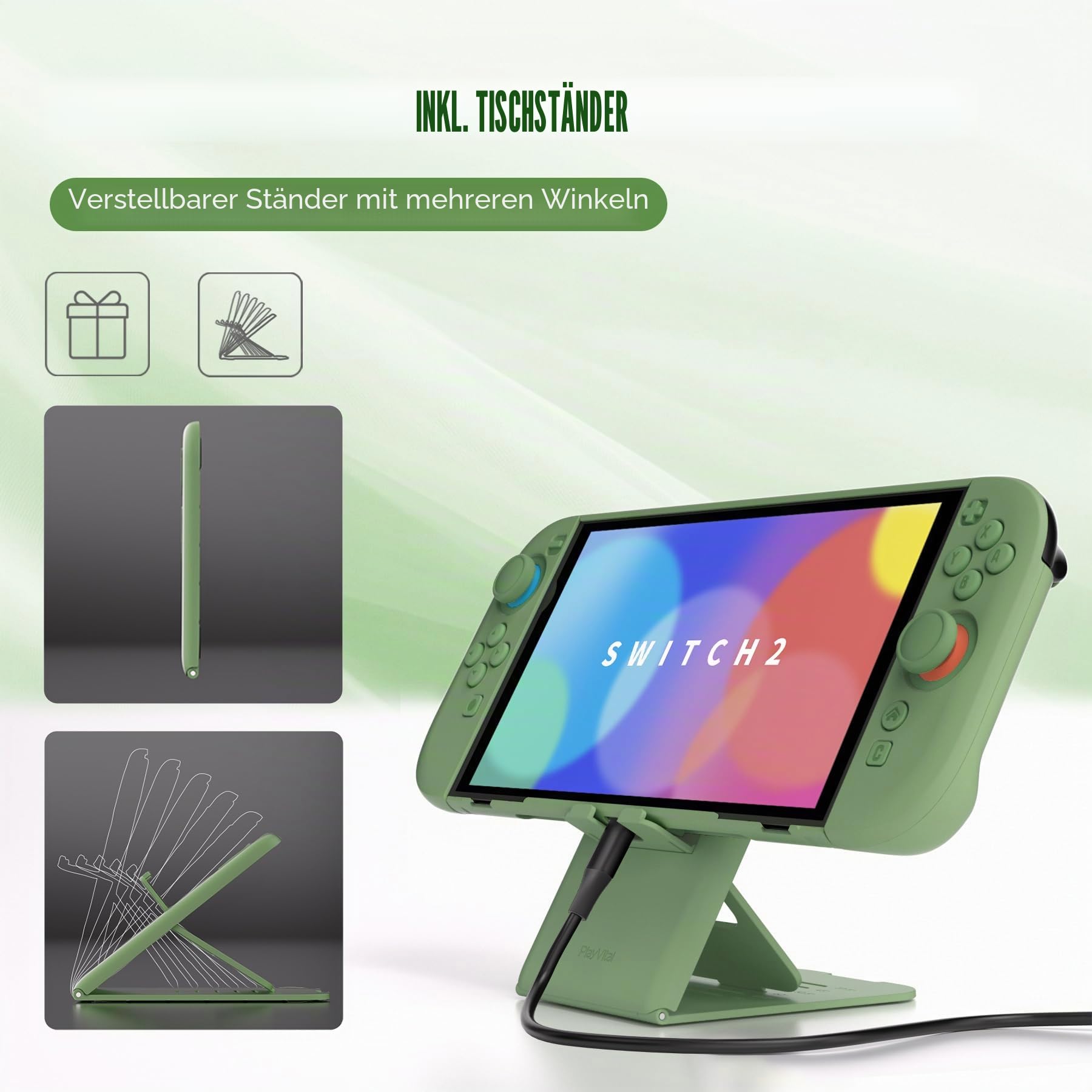 PlayVital Split-Schutzhülle für Switch 2, Kratzfeste Hülle, Dockbares Case, Ergonomischer Griphülle mit Klappständer & Joystick Kappen Zubehör für Nintendo Switch 2, Matcha Grün