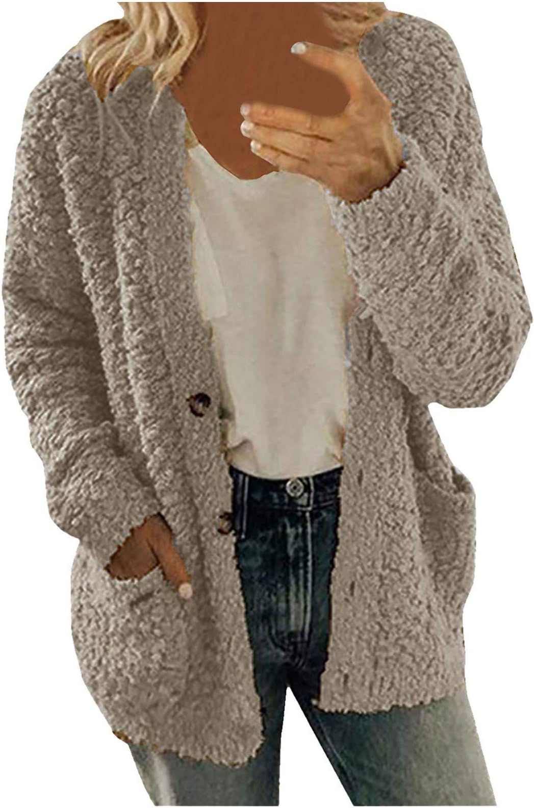 LFEOOST Women Winter Sherpa Jacket Coat Long Sleeve Lapel Fuzzy Warm Fleece Open Front Hooded Cardigan Outerwear with Pockets