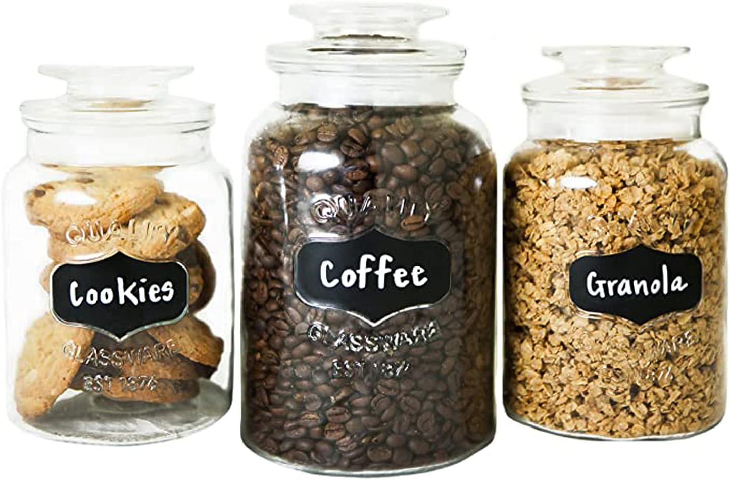 Kitchen Round Clear Glass Airtight Lids Chalkboard Canister Jar (Set of 3) with 3 Stick on Labels and Chalk Small