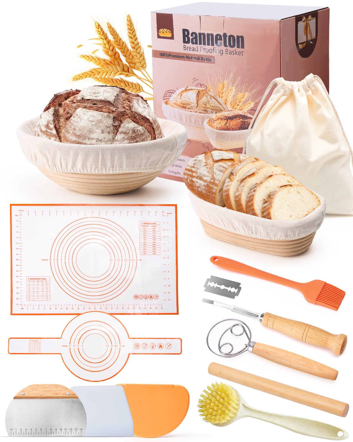 9" Round and 10" Oval Banneton Bread Proofing Baskets and Sourdough Bread Baking Supplies, A Complete Sourdough Kit with silicone Bread Slin& Baking
