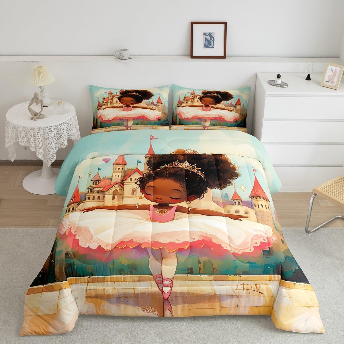 Ballet Girl American Ethnic Style Twin Size Comforter Set,Princess Castle Dreamy Fairy Tale Duvet Set Soft Bed Collection,Watercolor Dancing Bedding Comforter for Kids Adults Bedroom,2 Pcs