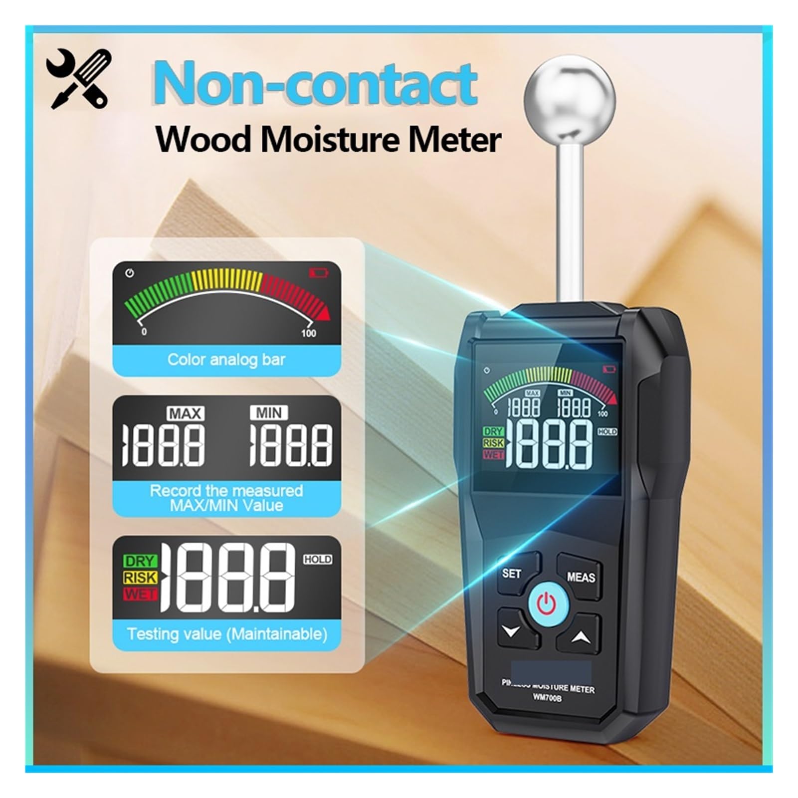 Misuratore di umidità del legno Igrometro sferico non distruttivo Rilevatore di umidità del legno senza contatto Tester di umidità di autocalibrazione