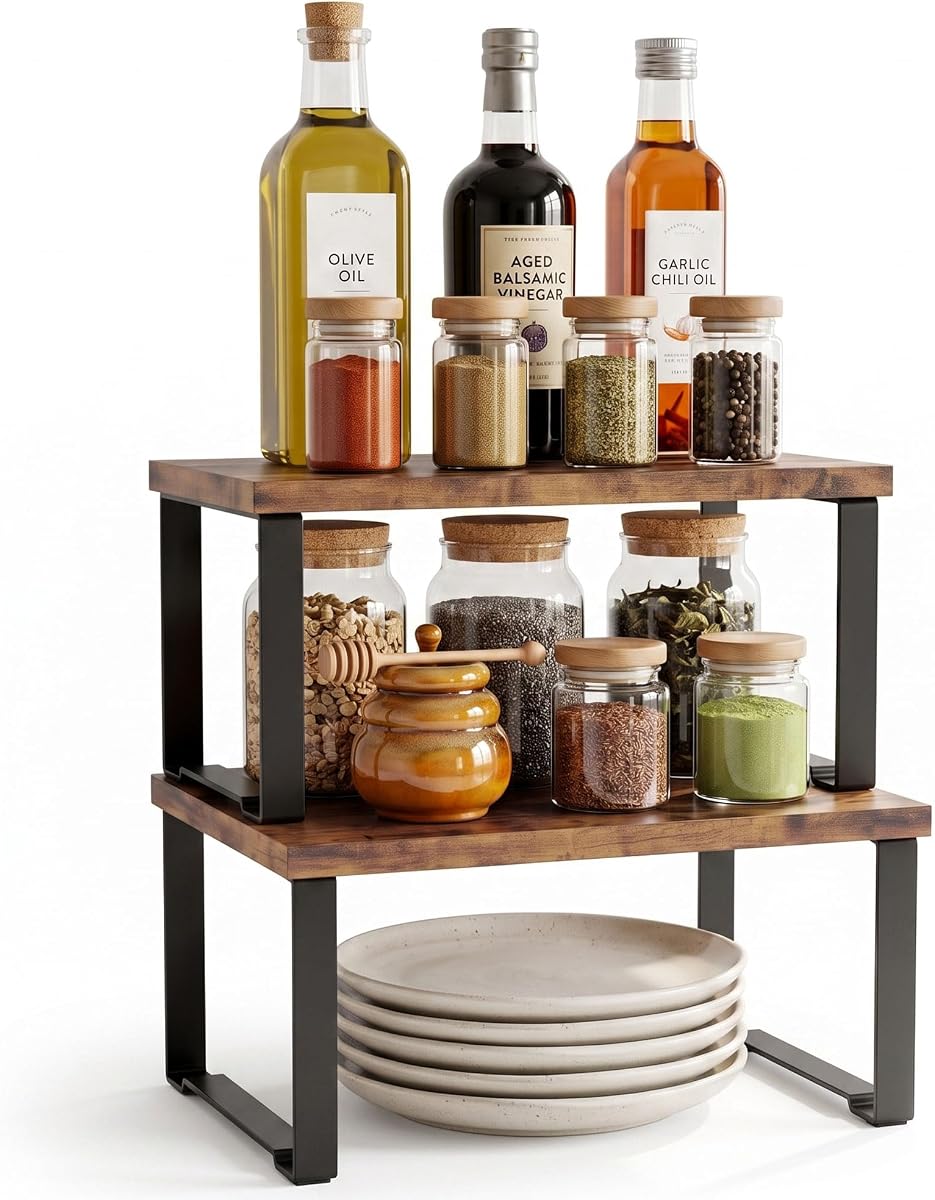 Cabinet Organizer Shelf, Kitchen Counter Shelves Set of 2, Expandable Spice Rack,Kitchen Storage Riser,Stackable, for Kitchen, Countertop, Office Desk, Living Room, Rustic Brown
