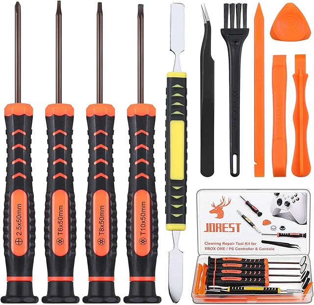 JOREST Cleaning Repair Kit for PS4 PS3 PS5 Xbox one/360, 25pcs Tool Kit with Crowbars, Tweezers, Brush, PH0 and T6 T8 T10 Torx Security Screwdriver for Controller and Console