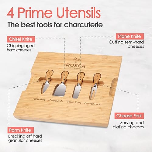 Miniatura 7 de Juego de tablas de queso y embutidos de bambú, juego de regalo de tablero de charcutería extragrande de madera y pizarra, con cuchillo de queso,