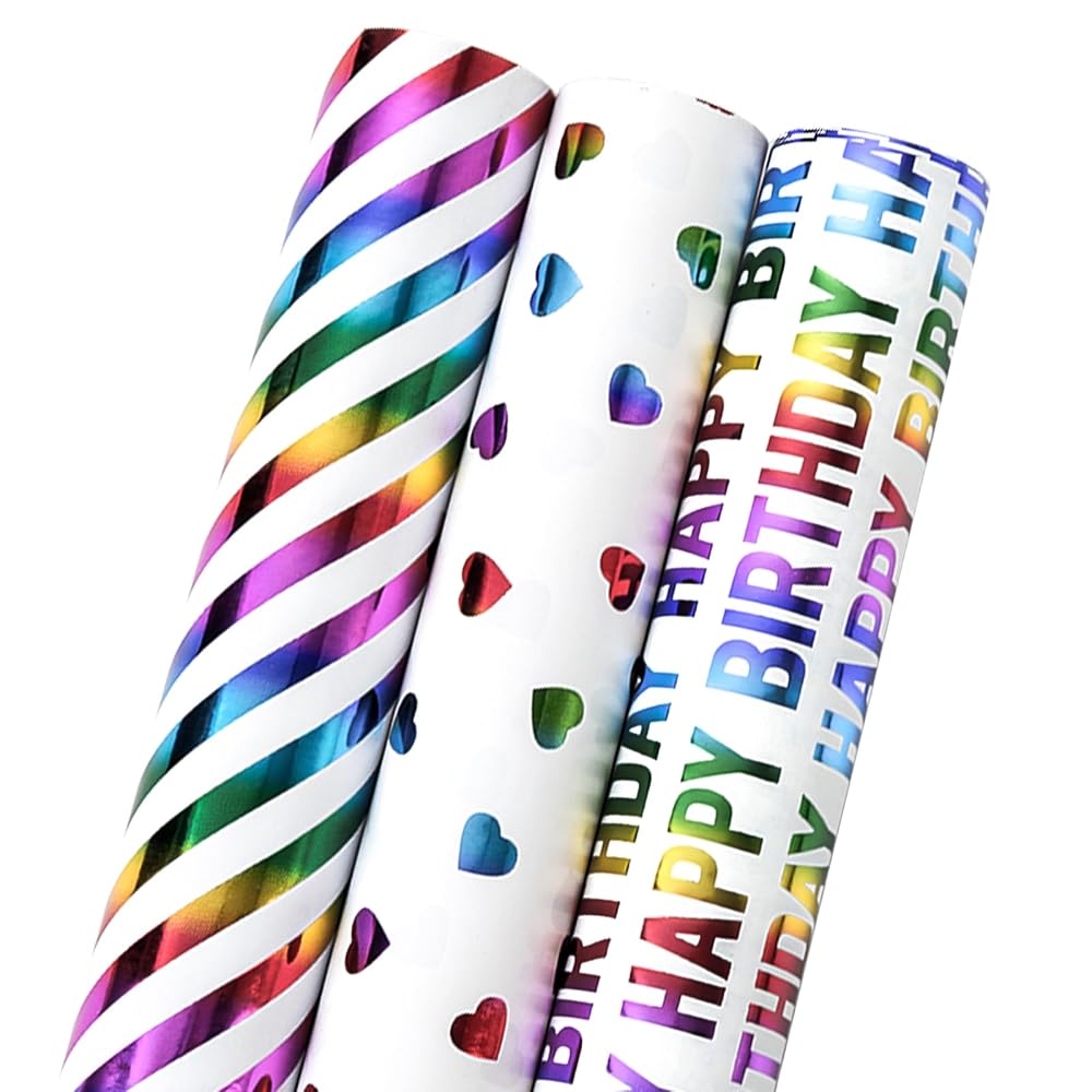 MAYPLUSS Birthday Wrapping Paper, Girl Iridescent Gift Wrapping Paper, Rainbow Foil Heart Polka Dots Stripes Bundle Gift Wrap for Kids Party, All Occasion (Mini Roll, 17 inch x 120 inch Per Roll)