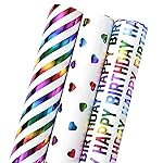MAYPLUSS Birthday Wrapping Paper, Girl Iridescent Gift Wrapping Paper, Rainbow Foil Heart Polka Dots Stripes Bundle Gift Wrap for Kids Party, All Occasion (Mini Roll, 17 inch x 120 inch Per Roll)
