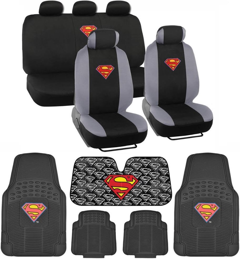 BDK Superman Front & Rear Car Seat Covers, Rubber Floor Mats and Sunshade Gift Set - Warner Brothers 14 Piece Official Licensed Auto Accessories Bundle (C1604)
