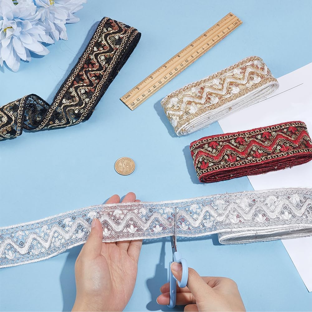 4 Colors 10 Yards 2 Inch Metallic Sequin Jacquard Ribbon Embroidered Trim Tape Boho Sheer Embroidery Woven Fabric Applique Trimming Set for Sewing Making Crafts Dress Clothes DIY Home Decor image 3
