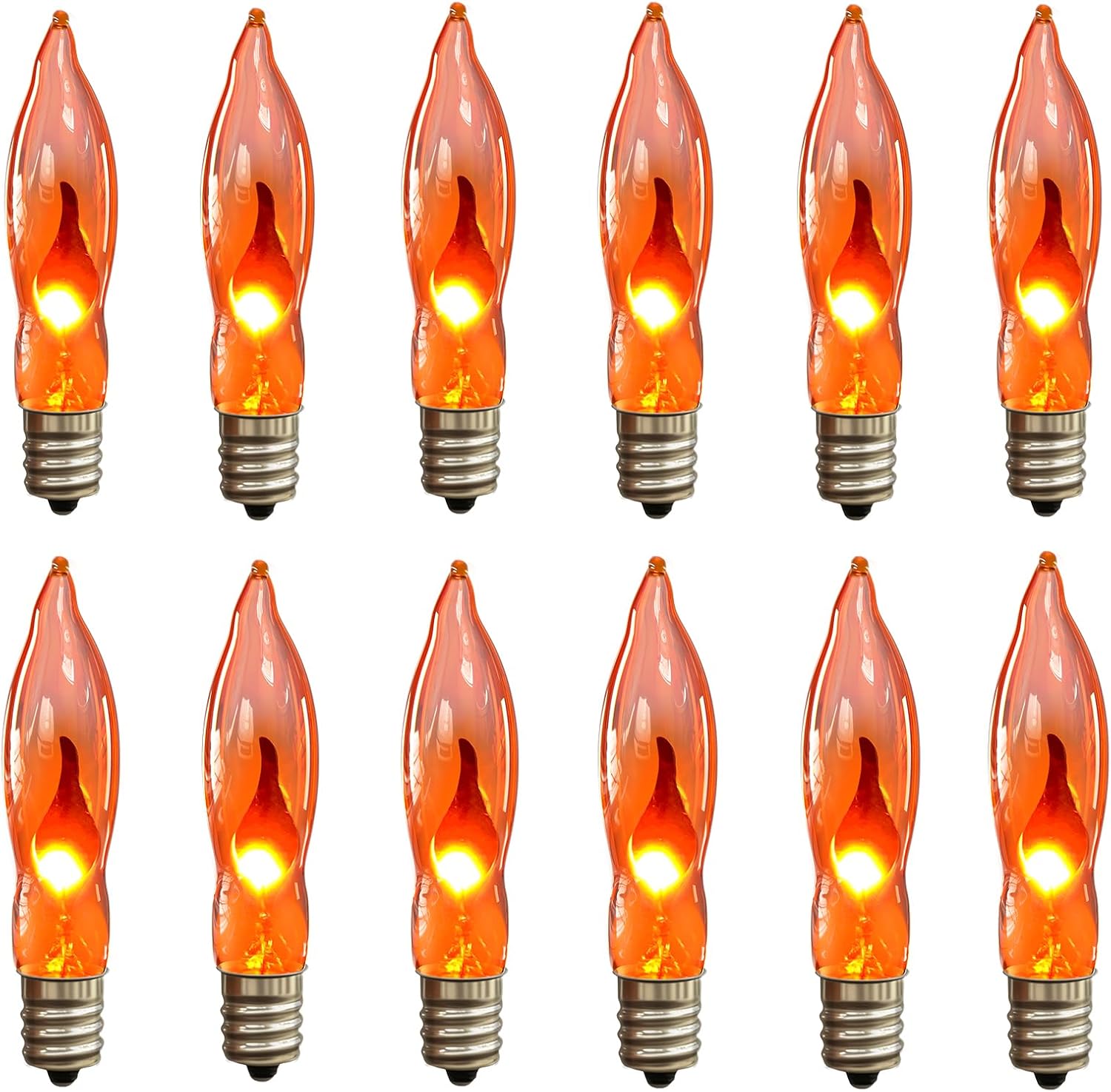 Orange Flickering Flame Light Bulbs with E12 Base, 12 Pack C18 Christmas Light Bulb 1W, Candelabra Night Light Bulbs for Christmas String Light ,Electric Window Candle Light,Halloween Chandelier