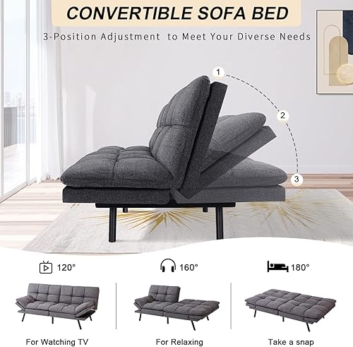 Miniatura 68 de Opoiar Cama con espuma viscoelástica, sofá futón convertible con reposabrazos ajustables, juegos de sofás multifuncionales para apartamento, Gris