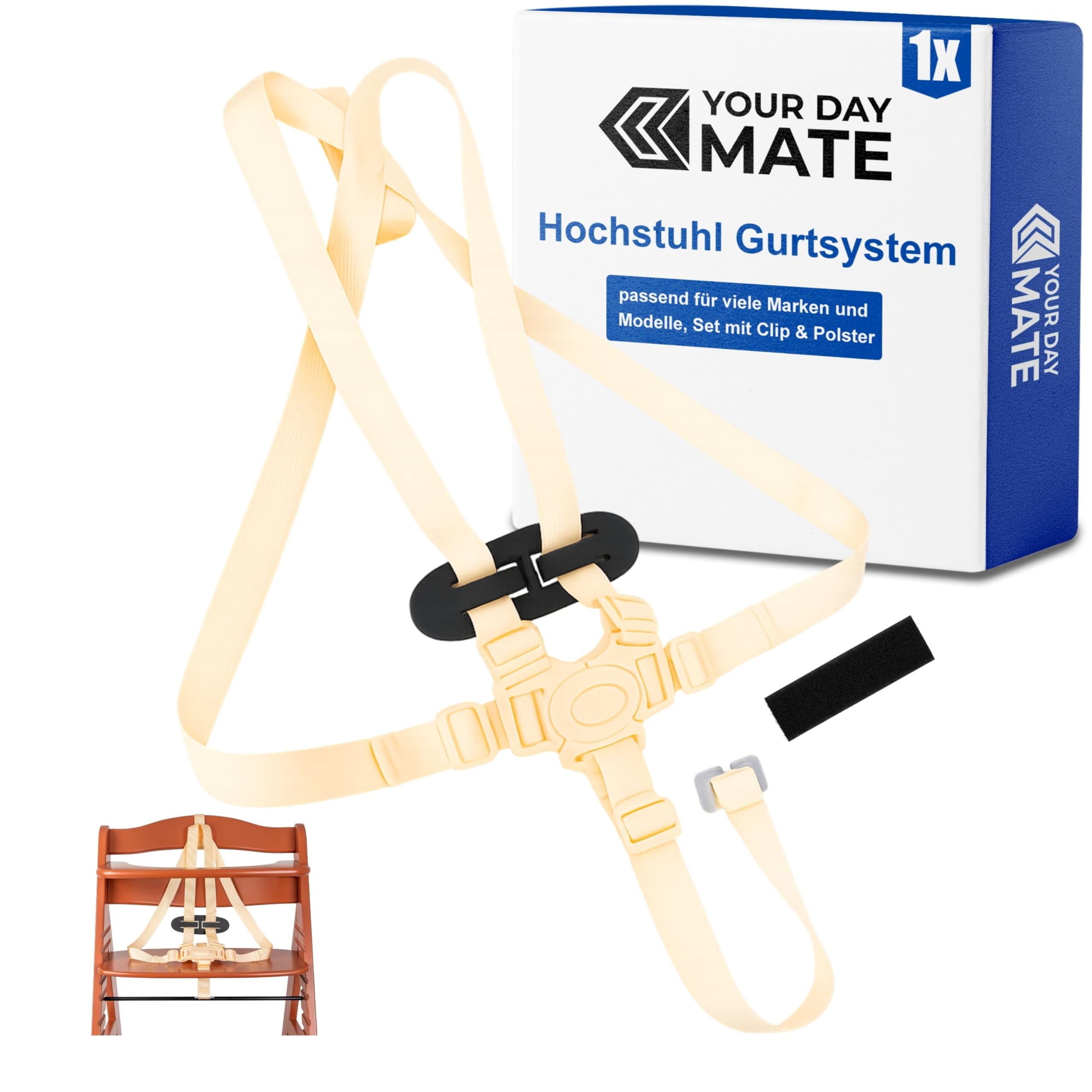 Hochstuhl 5-Punkt Gurtsystem, 1 Set, kompatibel mit Hauck, Stokke Tripp Trapp, Roba, uvm., in Beige, Gurt mit Brustclip, verstellbarer Kinderhochstuhl Sicherheitsgurt, Hochstuhlgurt 5 Punkte System