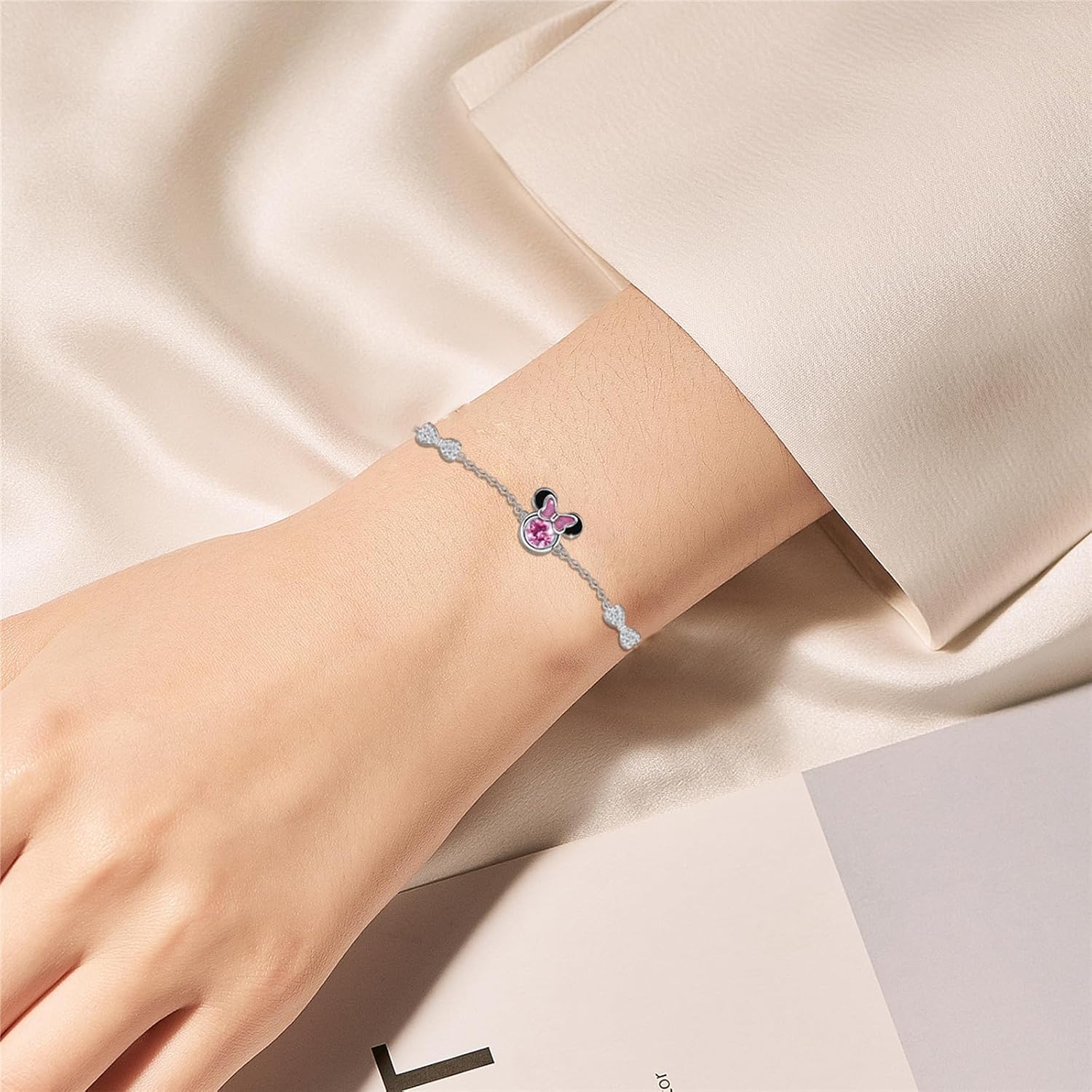 Mouse Bracelet for Teens Women - Sterling Silver Adjustable Bow Bracelet Pink Cubic Zirconia Cute Animal Chain Link Charm Bracelets Adorable Jewelry Gifts for Daughter Granddaughter - Image 4