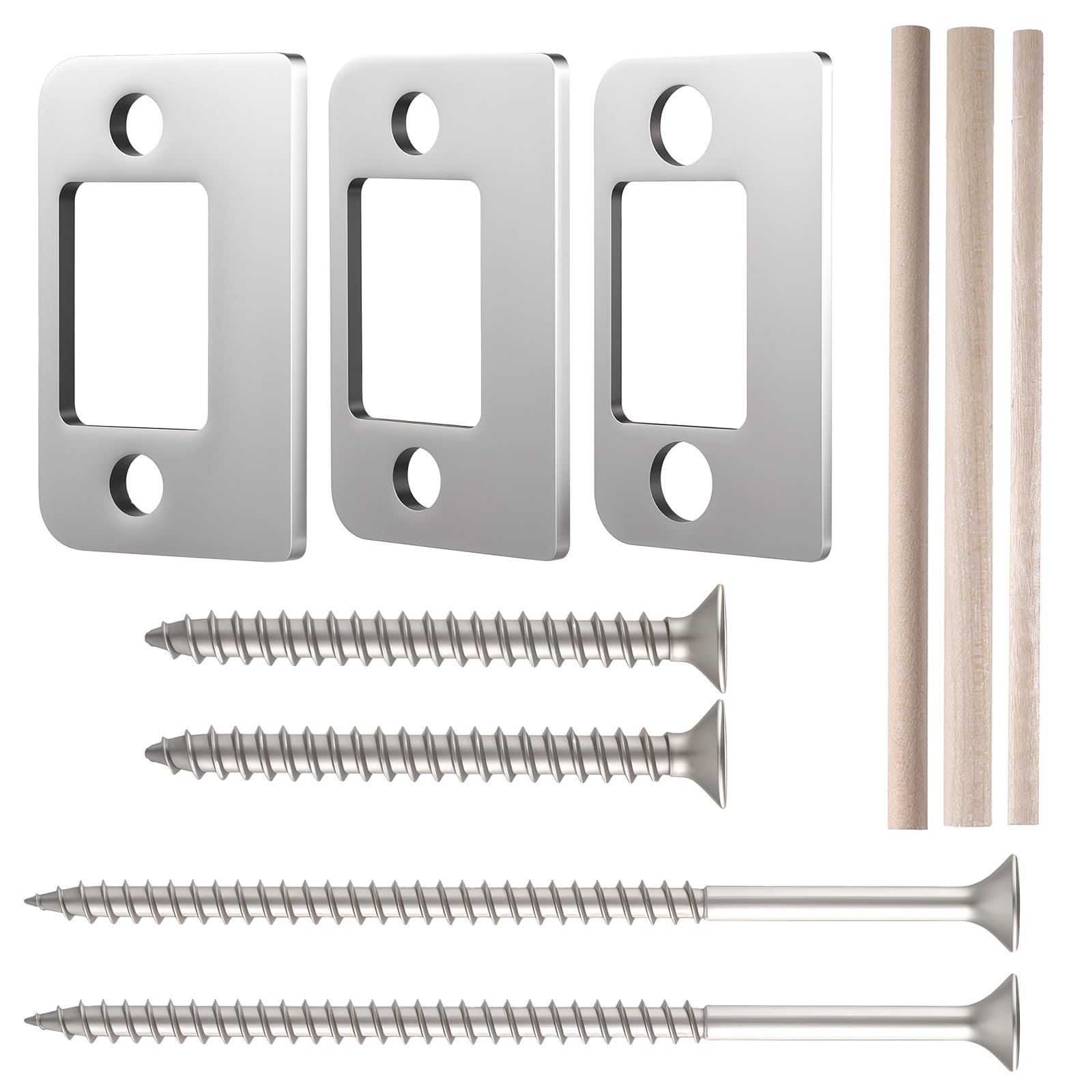 Photo 1 of 1 Pack Door Strike Shim Plates, Door Latch Spacers Stainless Steel Deadbolt Restorer Strike Plate Spacer3pcs Door Latch Strike Plate Shims with 3pcs Wood Dowel Strip 4 pcs Screw for Home Office Doors