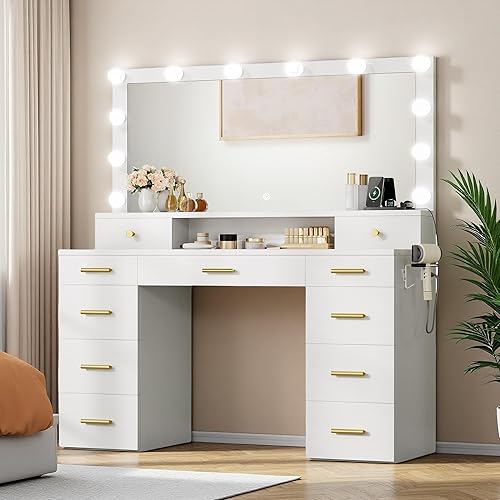 YITAHOME Large Vanity Desk with Mirror and Lights, Big Makeup Vanity with Power Outlets & 11 Drawers, 3 Lighting Modes Adjustable Bedroom Dressing Table for Bedroom, Dressing Room, White