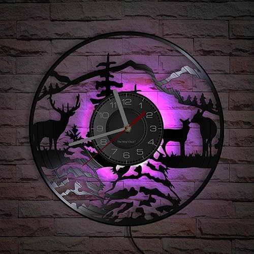Timethink Reloj de pared LED de ciervo de 12 pulgadas con 7 modos luminosos, cuarzo silencioso, sin tictac, vintage, decorativo, analógico, negro,