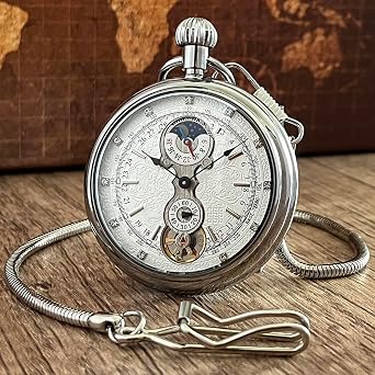 VIGOROSO Men's Vintage Full Copper Hand Wind Mechanical Second & 24 Hour Sub Dial Pocket Watch with Box, Steel Tourbillon, pocket watch