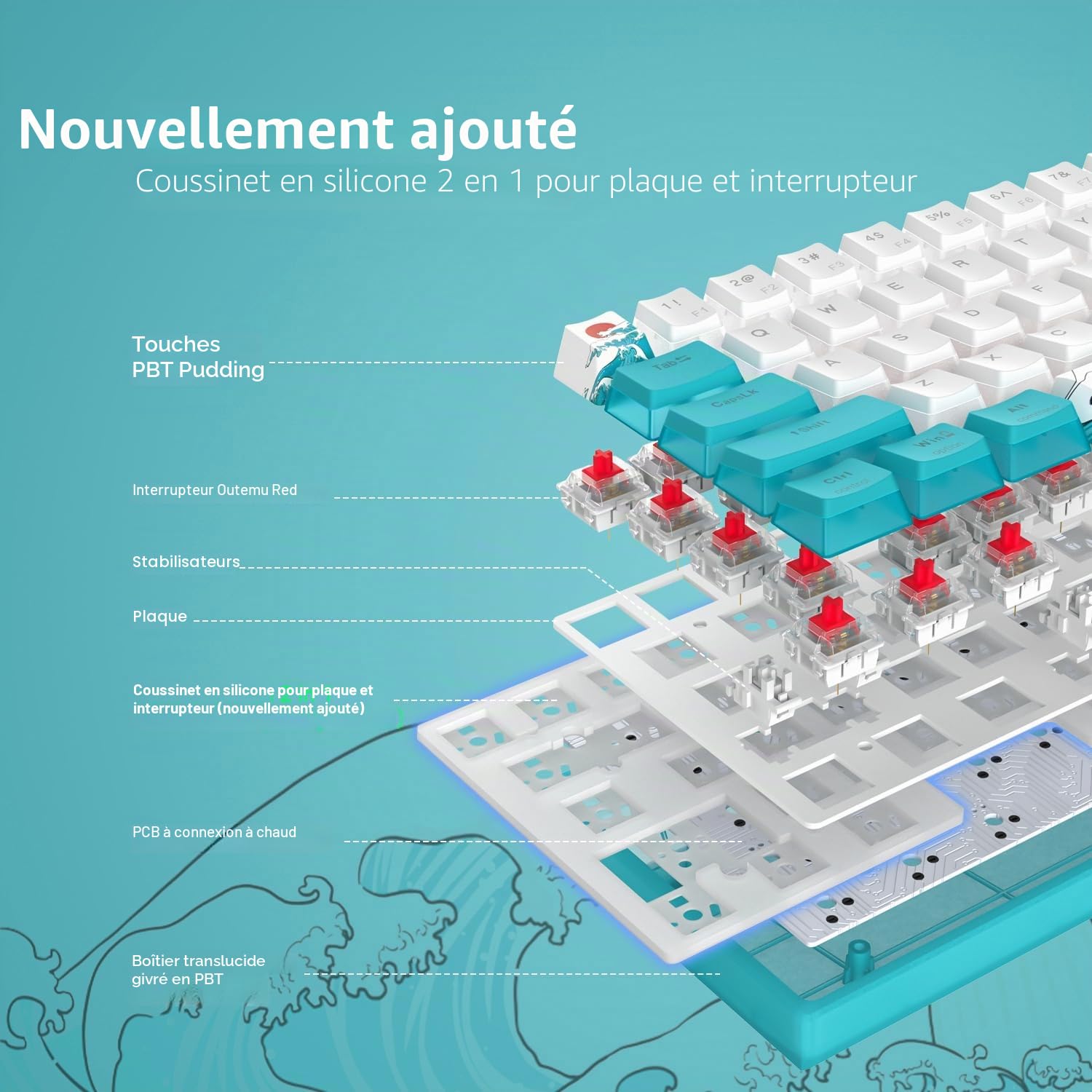 WK61 Clavier Mécanique de Jeu 60%, RGB LED Échangeable à Chaud