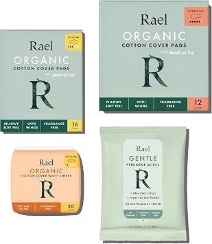 Rael Period Essential Bundle - Regular & Overnight Pads, Liners, Fem Wipes | Organic Cotton Cover Pads for Women, Light Absorbency, Regular Absorbency, Heavy Absorbency, pH Balanced Flushable Wipes