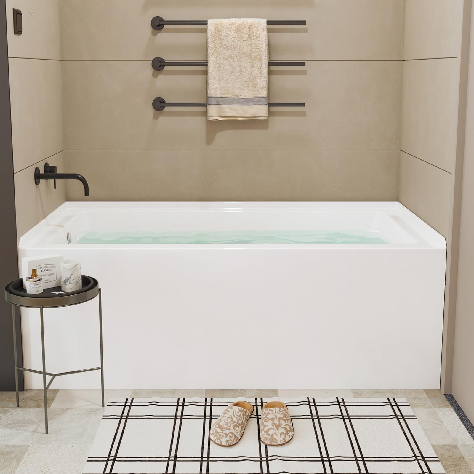 60"*32" Acrylic Bathtub, Single Apron Alcove Soaking Tub with Left-Side Overflow &amp; Drain, Space-Saving Built-In Design, Easy Install for Modern Bathrooms