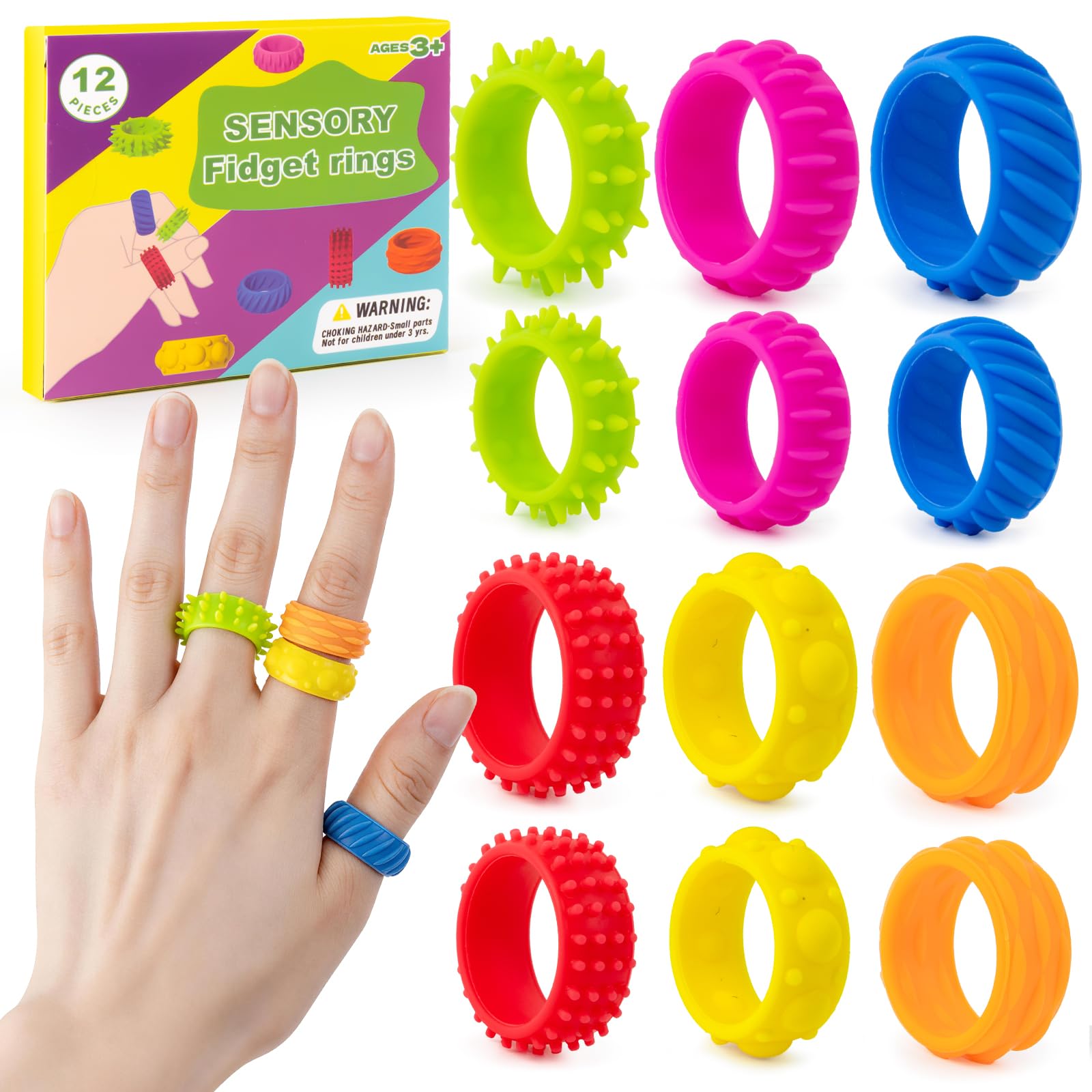 12 Pcs Fidget Toys Sensory Ring, Fidget Rings Sensory Stress Relief Toy