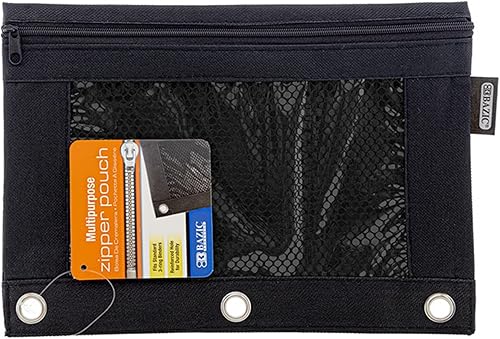 BAZIC - Estuche para lápices de 3 anillos con agujero de anillos reforzados, bolsas de malla negra con cremallera para ventana, 24 unidades