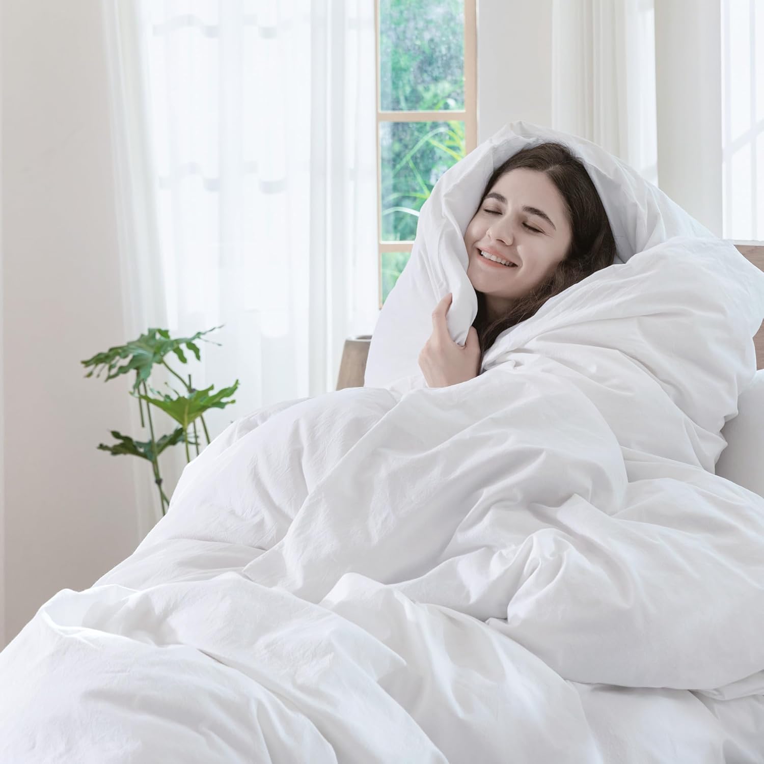 MooMee Bedding Duvet Cover Set 100% Washed Cotton Linen Like Textured Breathable Durable Soft Comfy (Solid Bright White, Full 80"x90") - Image 6