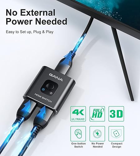 Miniatura 13 de GANA - Conmutador HDMI de aluminio bidireccional, con capacidad de 4k a 60 hercios y salida divisora de 2 en 1, hub HDMI HD manual apto para Xbox