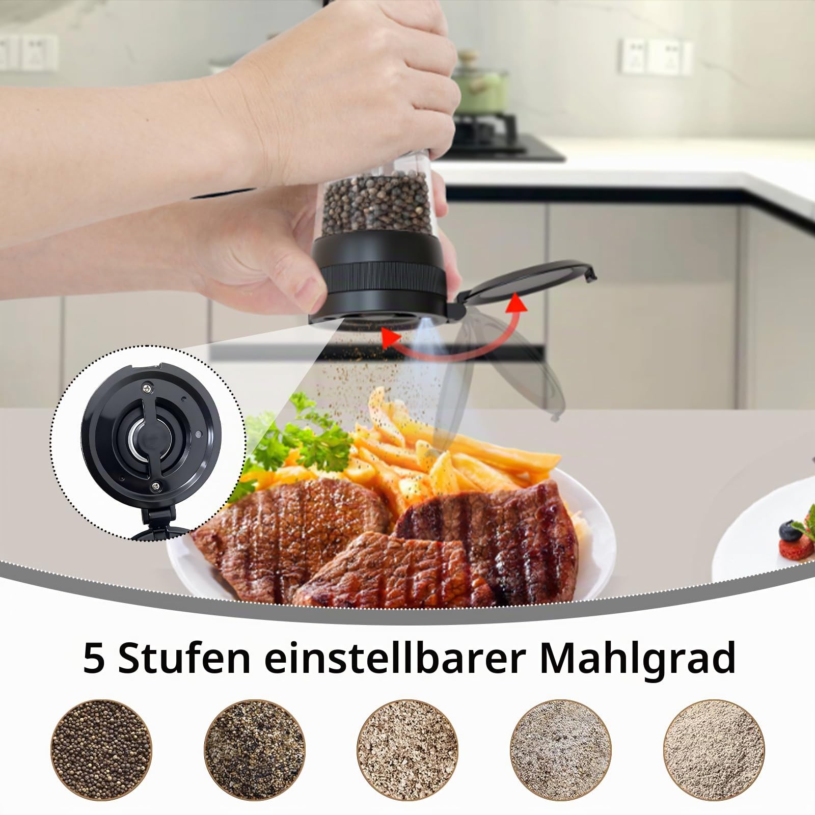 Elektrisches Salz und Pfeffermühlen Set 2-teilig, USB Wiederaufladbar mit Doppelladestation & LED-Anzeige, 95ml Fassungsvermögen, 5-stufig einstellbares Keramikmahlwerk, Küchengeschenk