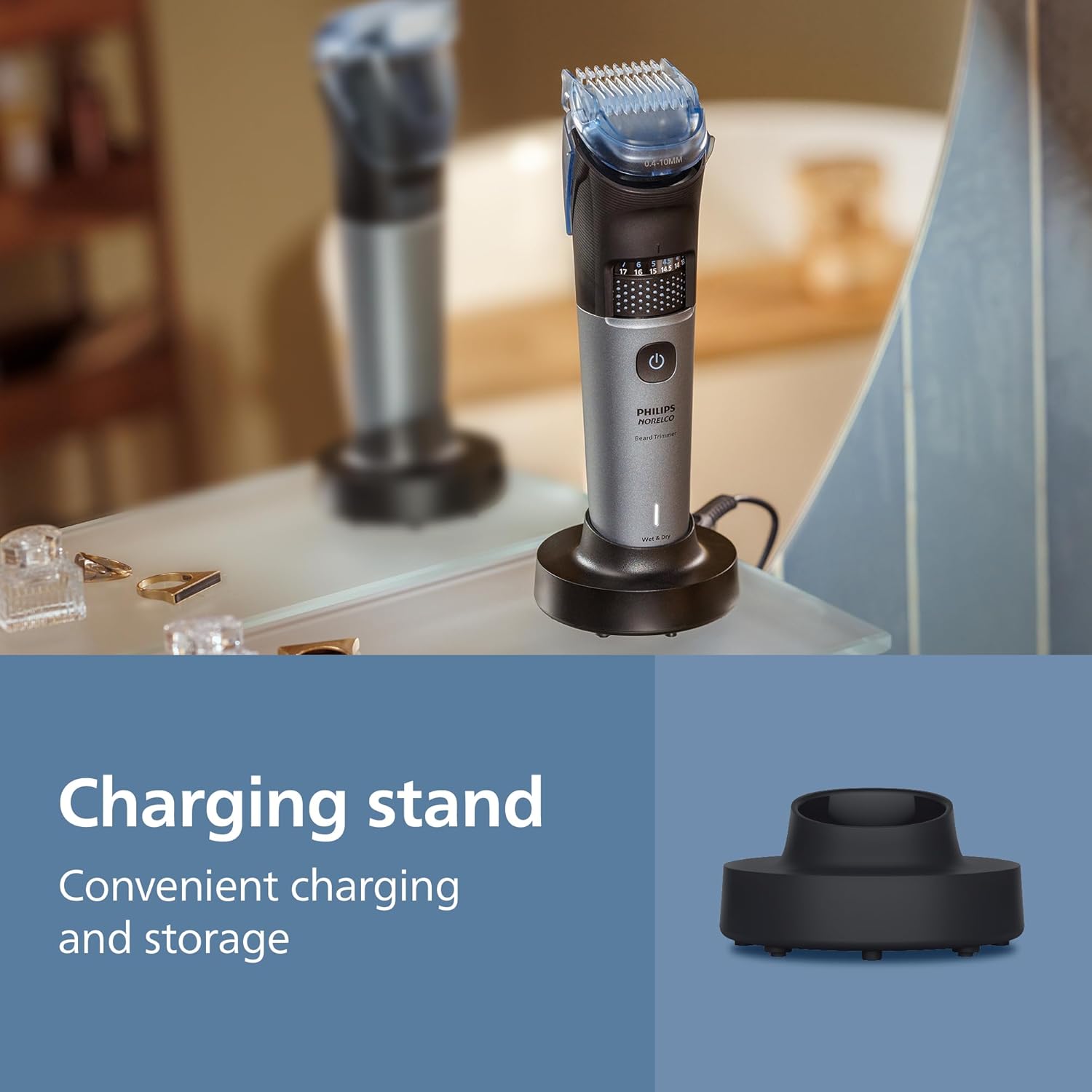 Norelco Philips Beard Trimmer 7000 Series, 100% Waterproof Trimmer for Men, 40 Lock-in Hair Length Settings, BeardSense Power Adaptability, Detail & T-Blade Trimmer Heads, Charging Stand, BT7670/40 - Image 6