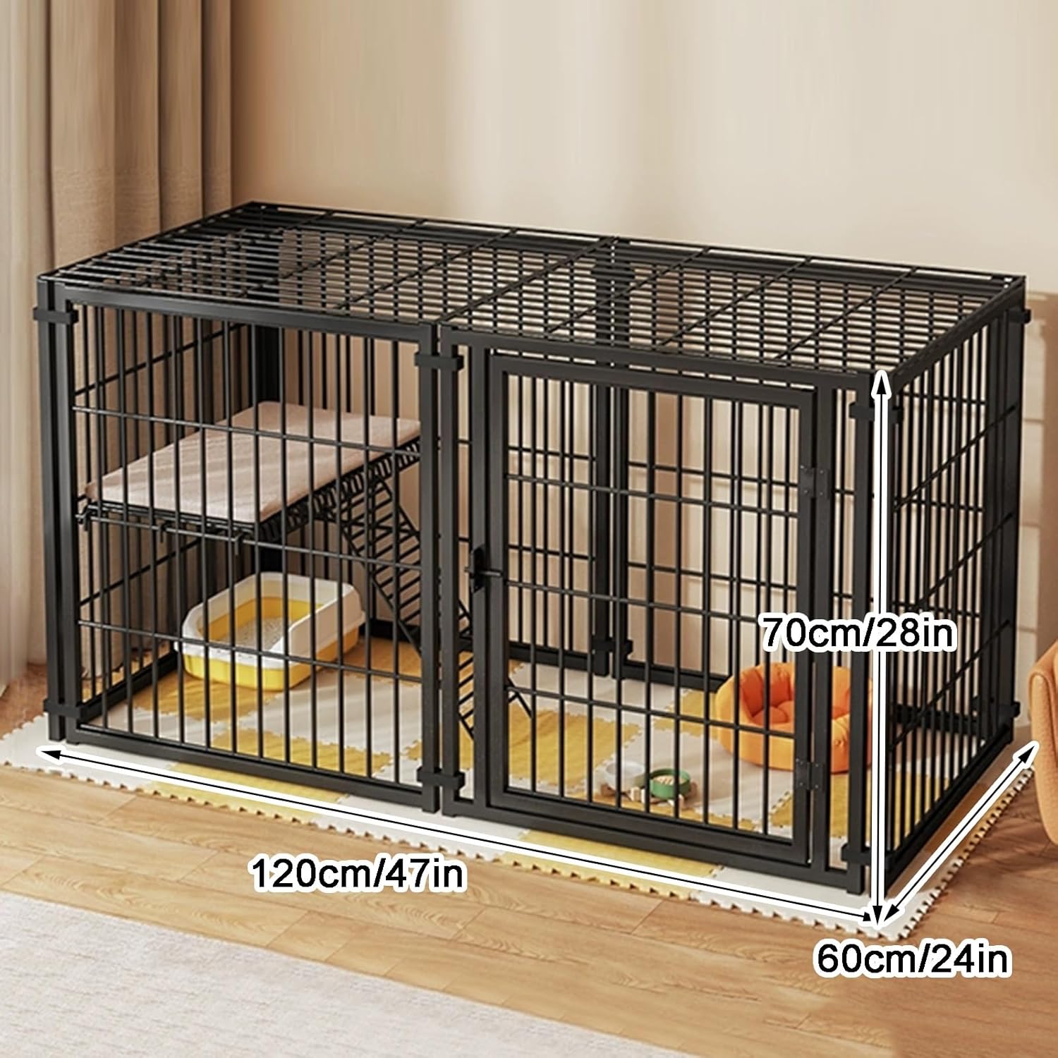 Detachable Metal Wire s Indoor with Top Cover, 47 * 24 * 28 in Closed Type Cat Enclosures Indoor with Ladder for Ferret, Chinchilla, Rabbit, Dog(Black)