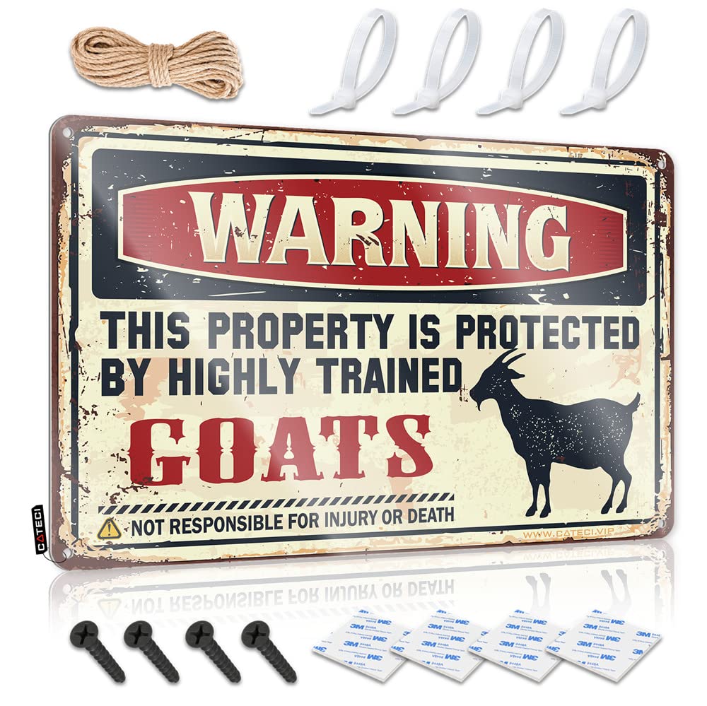 IBWNBBUSN Funny Warning Signs Warning This Property Is Protected By A Highly Trained Goat Sign Home Bar Metal Signs Funny Wall Signs(30X40CM)