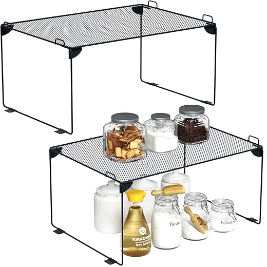 Neudeco Stackable Cabinet Shelf Organizer - 2 Pack Metal Mesh Stacking Shelves for Kitchen, Closet, Bathroom, Countertop and Cabinet -Gray