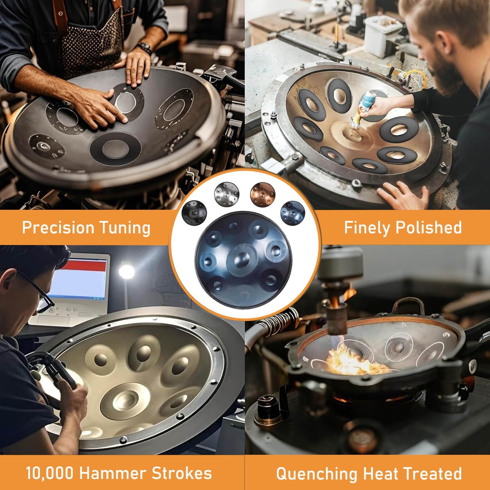 Handpan 55.8cm Tamburi a Mano in Re Minore 9/10/12 Note Strumento in Acciaio con Custodia, Bacchette, Suono 432Hz/440Hz per Meditazione, Musicoterapia(Blue,432HZ/12Note)