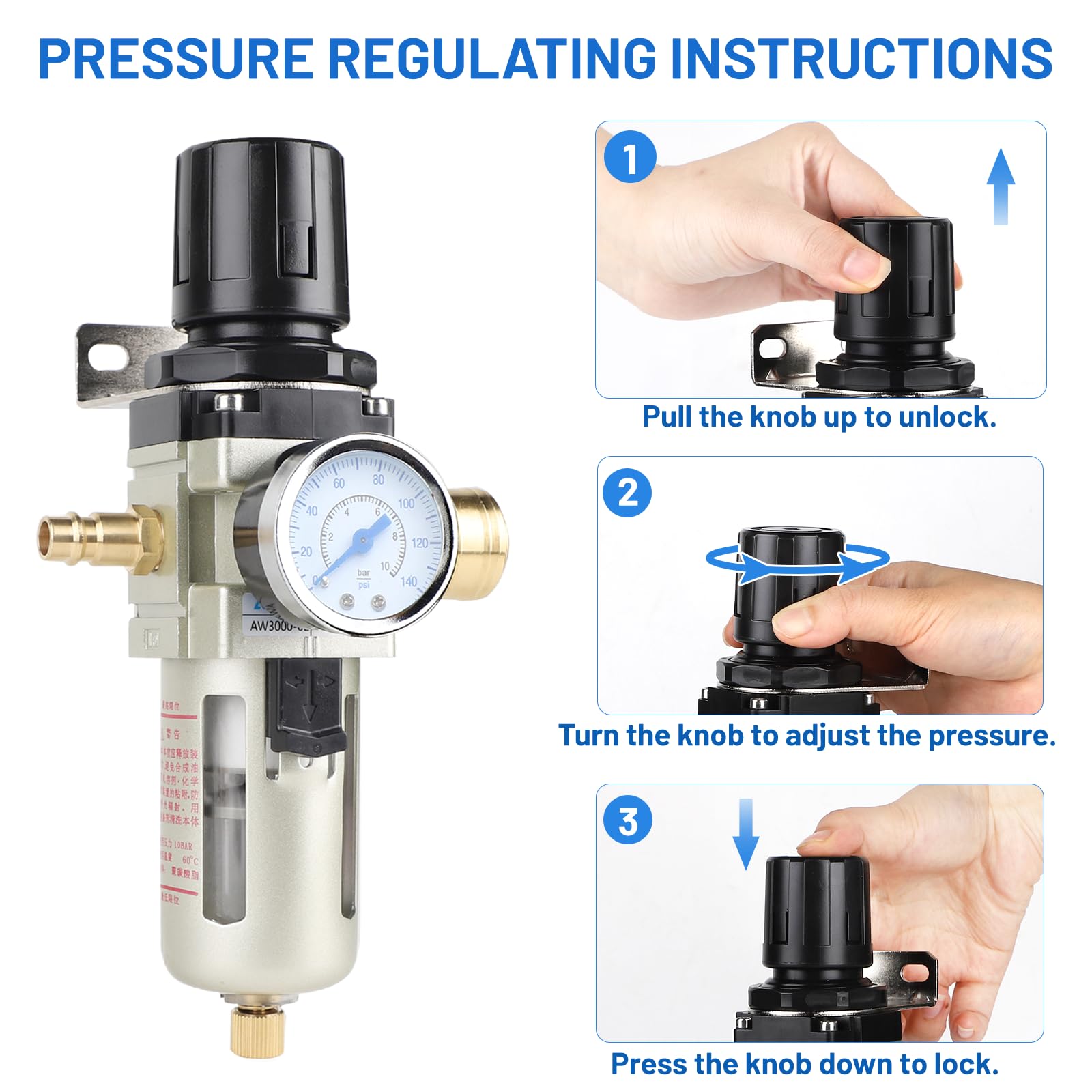 SWAWIS Reductor de Presión y Separador de Agua Aire Comprimido 3/8" Regulador de Presión