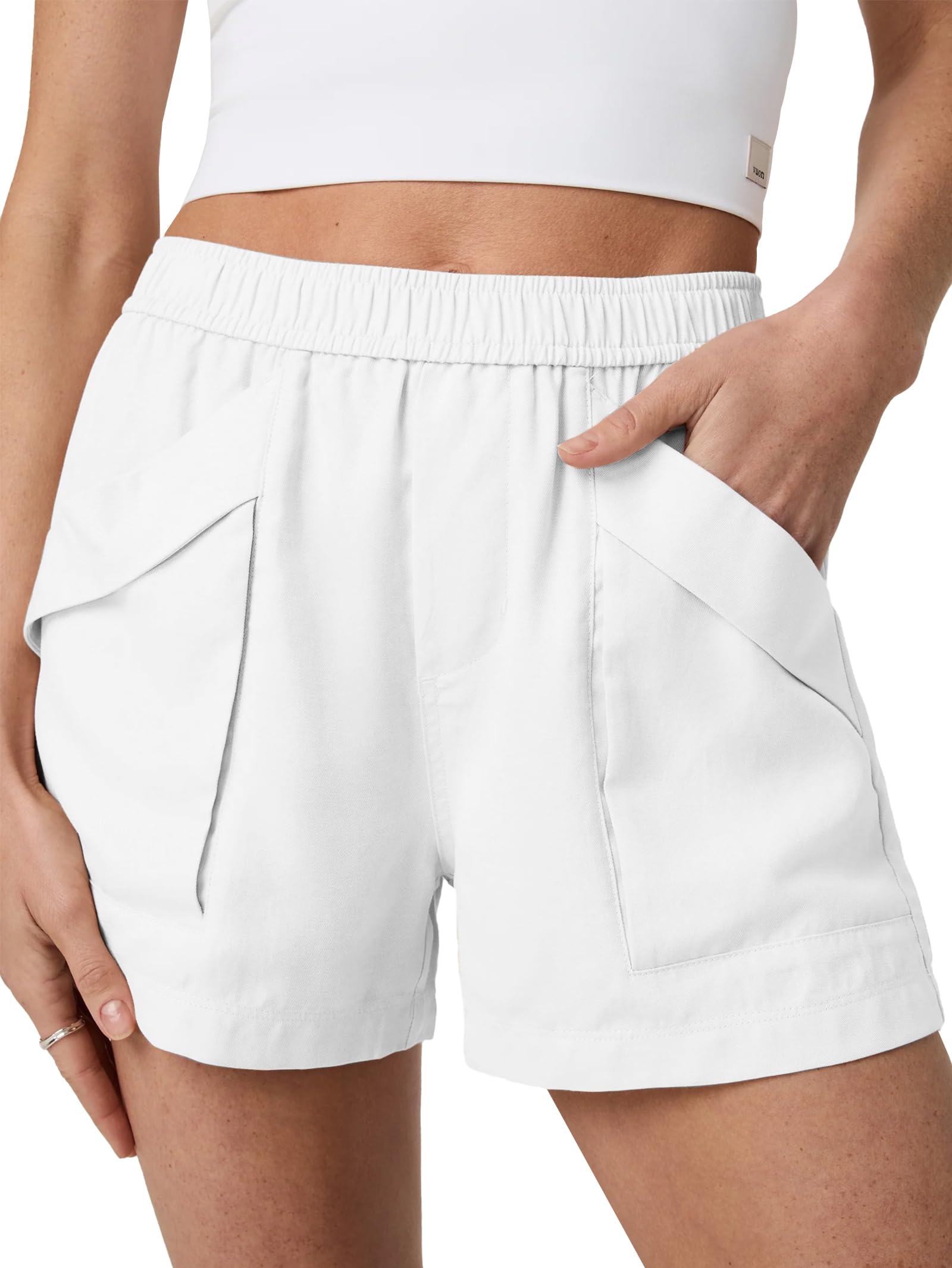 Famulily Damen Shorts aus Leinenmischung mit elastischem Bund und hoher Taille lässige Sommer-Shorts mit Taschen Strand Hotpants für Damen