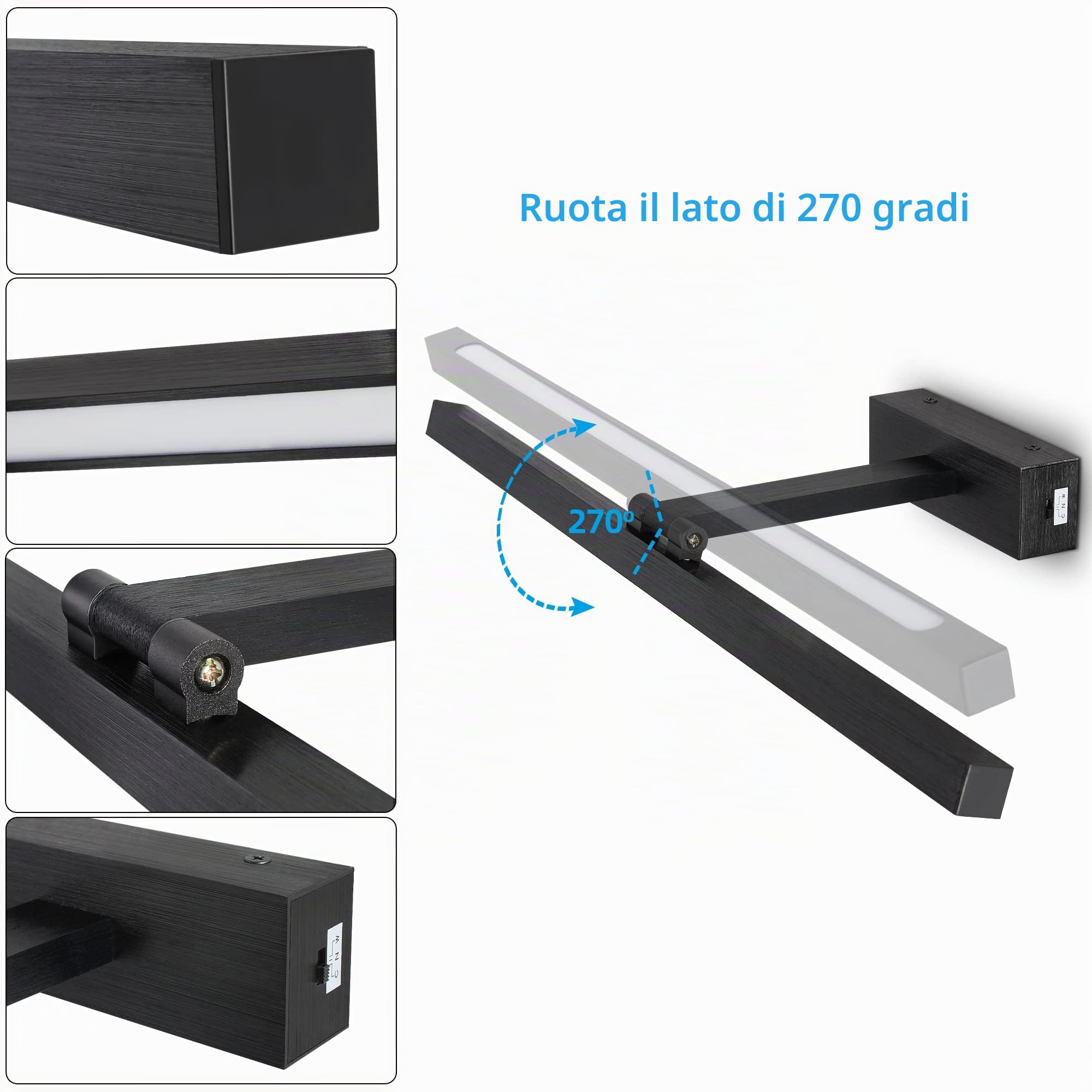 MantoLite LED Luci da Parete Temperatura Colore Regolabile, 60cm 12W IP44 Applique Illuminazione Bagno Nero Spazzolato con Testa della Lampada Girevole
