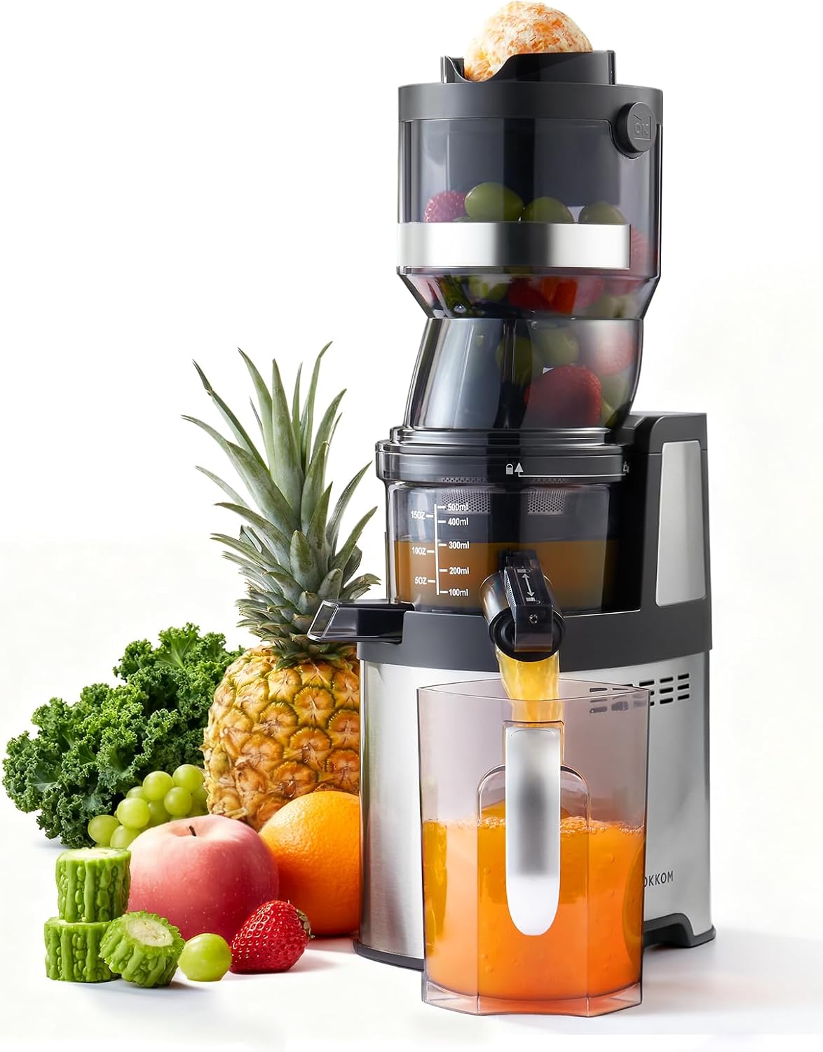 MOKKOM Commercial Cold Press Juicer, 5.9" Large Feed Chute Juice Extractor Machine, High Juice Yield, Slow Masticating Juicer for Whole Vegetables & Fruits, Easy to Clean for home and commercial use
