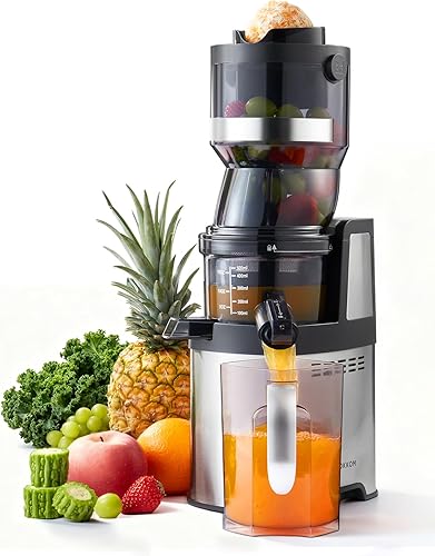 MOKKOM Exprimidor de prensa en frío, máquina extractor de jugo de canal de alimentación de 5.91 pulgadas de ancho, alto rendimiento de jugo,
