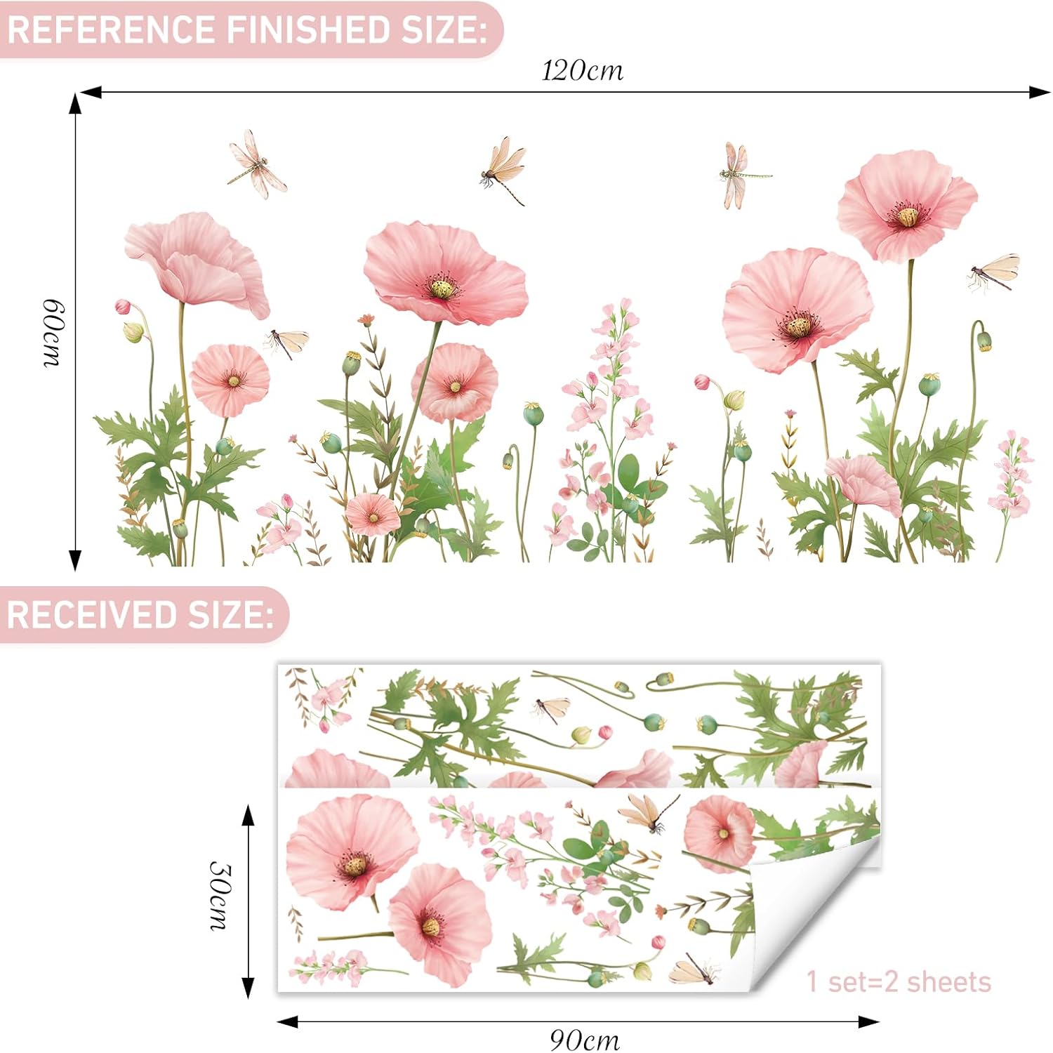 SHUCHING Pink Flower Wall Decals Peel and Stick, Vinyl Poppy Floral Wall Sticker, Wall Decor Art for Girl Bedroom Living Room