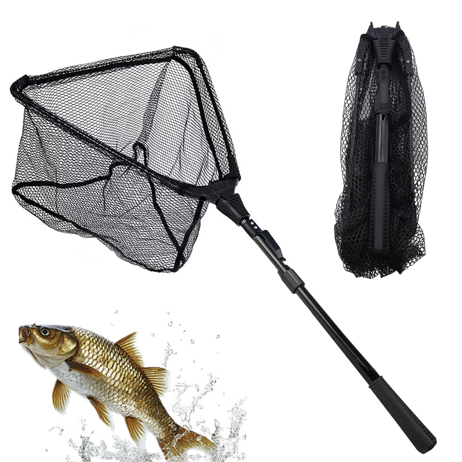 1 Pieza Réd De Pesca Telescópica,Red de Pésca Plegable Triangular,Red de Pésca Recubiertas,Sacaderas de Pesca con Mango Antideslizante para Kayak Salmón Pez Gato Bajo (Negro)