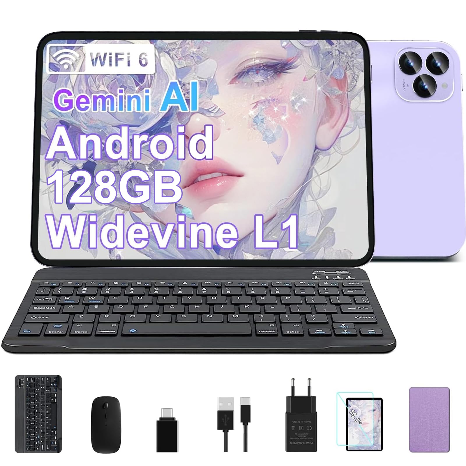 SUAAT 2026 Tablet de 10 pulgadas, Android 15, Octa-Core, 22GB RAM + 128GB ROM (2TB TF) | WiFi 5G + 2.4G | GPS | Bluetooth 5.0 | 8MP + 5MP | Tipo-C, pantalla táctil, teclado y ratón - púrpura