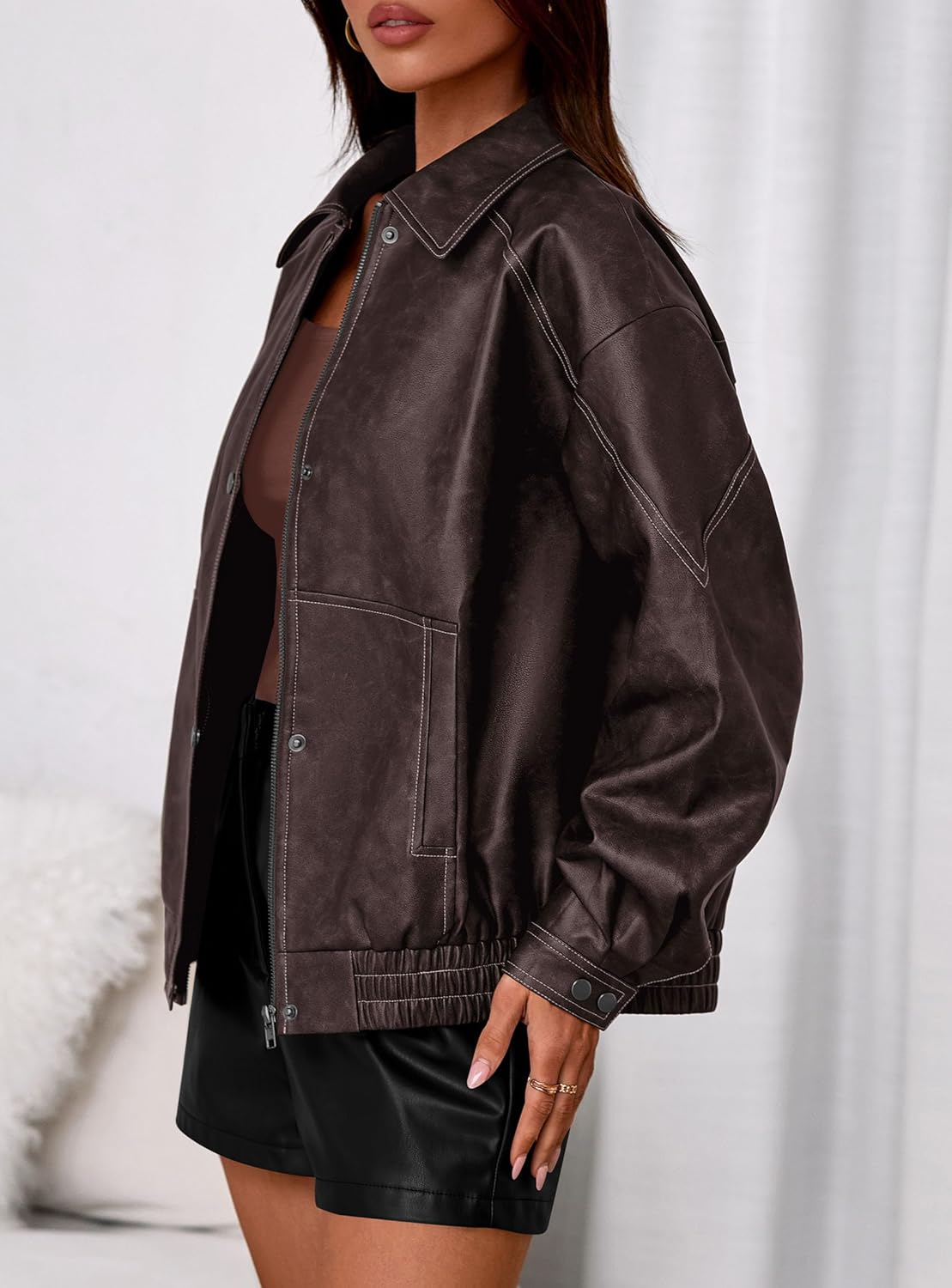 PRETTYGARDEN Faux Leather Jacket Women Bomber Motorcycle Zip Up Jackets Oversized Fall Fashion Outfits 2026 Winter Coats - Image 3