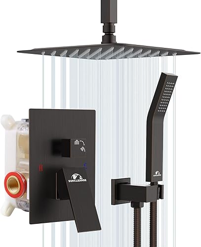SunCleanse Sistema de ducha de lluvia de bronce aceitado, juego combinado con cabezal de ducha cuadrado de alta presión de 12 pulgadas, grifo de