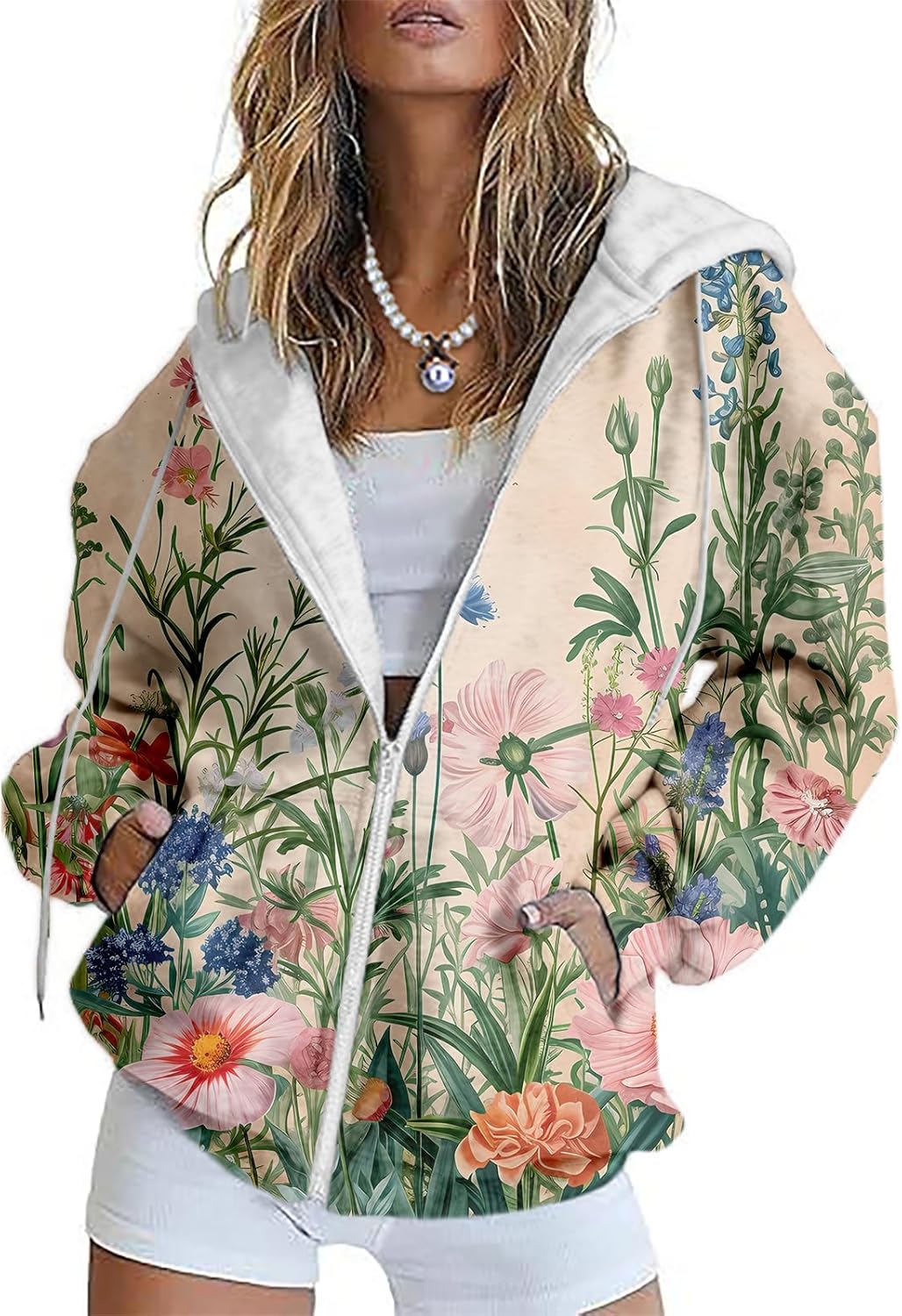 ZOCANIA Womens Zip Up Hoodies Boho Floral Long Sleeve Sweatshirts Casual Graphic Y2K Hoodie Fall Hooded Jacket with Pockets