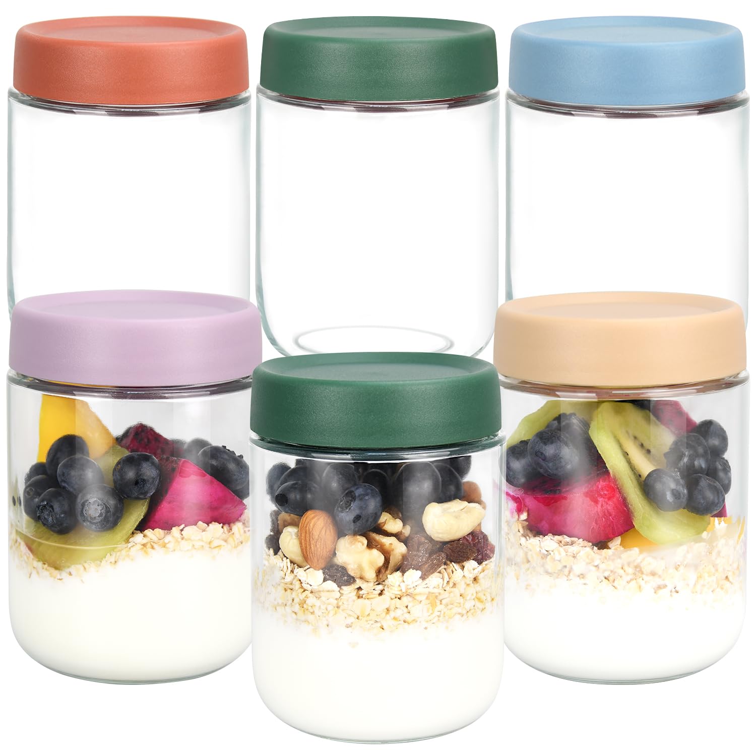 Mdvora Paquete de 6 tarros de avena nocturna de 16 onzas con tapas, tarros de vidrio con tapas herméticas, tarros de avena nocturna de boca ancha, recipientes de vidrio para almacenamiento de